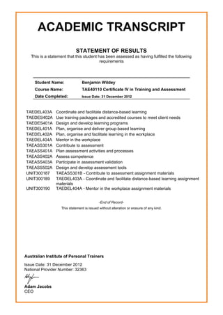 Certificate IV in Training and Assessment TAE40110 Transcript P1 | PDF