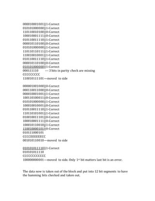 000010001001||1-Correct
010101000000||1-Correct
110110010100||0-Correct
100010001111||0-Correct
010110011110||1-Correct
000010110100||0-Correct
010101000000||1-Correct
110110110111||1-Correct
110010010001||1-Correct
010110011110||1-Correct
000010110100||0-Correct
010101000000||1-Correct
000111110 --- 3 bits in parity check are missing
CCCCCCCCC
110010111101—moved to side
000001001000||0-Correct
000110011000||0-Correct
000010001001||1-Correct
100110100011||0-Correct
010101000000||1-Correct
100010010001||0-Correct
010110011110||1-Correct
110110101001||1-Correct
010010011101||0-Correct
100010001111||0-Correct
100010110010||1-Correct
110010000101||0-Correct
010111000101
CCCCEEEEEECC
001010110010—moved to side
010101011110||1-Correct
010101011110
CCCCCCCCCCCC
100000000001—moved to side. Only 1st bit matters last bit is an error.
The data now is taken out of the block and put into 12 bit segments to have
the hamming bits checked and taken out.
 