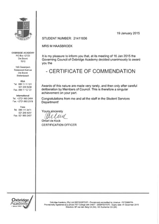 Certificate Of Commedation-Oxbridge Academy