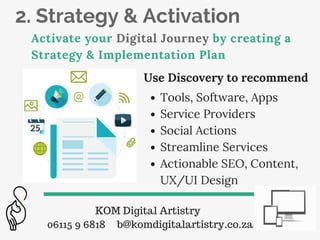 2. Strategy & Activation
Activate your Digital Journey by creating a
Strategy & Implementation Plan
Tools, Software, Apps
Service Providers
Social Actions
Streamline Services
Actionable SEO, Content,
UX/UI Design
KOM Digital Artistry
06115 9 6818 b@komdigitalartistry.co.za
Use Discovery to recommend
 