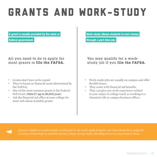 StepUpUtah.com | 13
All you need to do to apply for
most grants is file the FAFSA.
A grant is usually provided by the state or
federal government.
You may qualify for a work-
study job if you file the FAFSA.
Work-study allows students to earn money
through a part-time job.
Grants don't have to be repaid.
They're based on financial need (determined by
the FAFSA).
One of the most common grants is the Federal
Pell Grant (2016-17: up to $5,815/year).
Ask the financial aid office at your college for
more info about available grants.
Work-study jobs are usually on campus and offer
flexible hours.
They come with financial aid benefits.
They can give you work experience related
to your major in college (such as working in a
chemistry lab or campus business office).
GRANTS AND WORK-STUDY
•	
•	
•	
•	
•	
•	
•	
If you're eligible to receive grants or take part in the work-study program, use those funds first. Apply for
as many scholarships as possible and use college savings before deciding to borrow any student loans.
 