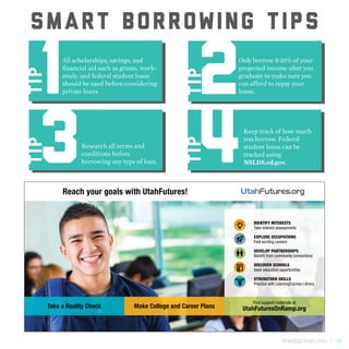 StepUpUtah.com | 15
1
TIP
2
TIP
All scholarships, savings, and
financial aid such as grants, work-
study, and federal student loans
should be used before considering
private loans.
3
TIP
4TIP
Only borrow 8-10% of your
projected income after you
graduate to make sure you
can afford to repay your
loans.
Research all terms and
conditions before
borrowing any type of loan.
Keep track of how much
you borrow. Federal
student loans can be
tracked using
NSLDS.ed.gov.
SMART BORROWING TIPS
 