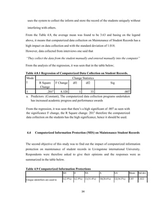 34
uses the system to collect the inform and store the record of the students uniquely without
interfering with others.
From the Table 4.8, the average mean was found to be 3.63 and basing on the legend
above, it means that computerized data collection on Maintenance of Student Records has a
high impact on data collection and with the standard deviation of 1.018.
However, data collected from interviews one said that
“They collect the data from the student manually and entered manually into the computer”
From the analysis of the regression, it was seen that in the table below;
Table 4.8.1 Regression of Computerized Data Collection on Student Records.
Mode
l
Change Statistics
R Square
Change
F Change df1 df2 Sig
1 .201a
8.320 1 33 .007
a. Predictors: (Constant), The computerized data collection programs undertaken
has increased academic progress and performance awards
From the regression, it was seen that there’s a high significant of .007 as seen with
the significance F change, the R Square change. 201a
therefore the computerized
data collection on the students has the high significance, hence it should be used.
4.4 Computerized Information Protection (MIS) on Maintenance Student Records
The second objective of this study was to find out the impact of computerized information
protection on maintenance of student records in Livingstone international University.
Respondents were therefore asked to give their opinions and the responses were as
summarized in the table below.
Table 4.9 Computerized Information Protections
SD D NS A SA Mean Std dev
Unique identifiers are used to 1(2.9%) 1(2.9%) 11(31.4%) 10(28.6%) 12(34.3%) 3.85 1.022
 