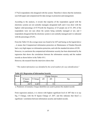 37
5.7%(2) respondents who disagreed with the system. Therefore it shows that the institution
uses both paper and computerized for data storage or protection and management.
According to the analysis, it reveals that majority of the respondents agreed with the
electronic systems are not centrally managed, designated staff, and it was show with the
highest valid percentage of 67.5%with the frequency of 25 people out of 35, 20% of the
respondents were not sure about the system being centrally managed or not, and 3
respondents disagreed that the electronic system is not centrally managed and it is indicated
with the percentage of 8.6%.
From the Table 4.9, the average mean was found to be 4.07 and basing on the legend above
, it means that Computerized information protection on Maintenance of Student Records
had a very high impact on information protection, and with the standard deviation of 0.98.
However, in conclusion the computerized information security has been determined by the
regression that shows the correlations between the information security and the student
records as shown below in the Table 4.9.1.
However, the research from the interviews shows that
“The student information was identified by the serial numbers for easy identifications”
Table 4.9.1 Regression of Information Security
Mode
l
Change Statistics
R Square
Change
F Change df1 df2 Sig
1 .203a
8.407 1 33 .007
a. Predictors: (Constant), Unique identifiers are used to protect the student records
From regression analysis, it is shown with highest significant level of .007 that is to say
Sig. F Change, with the R Square Change of .203a
, and this indicates that there’s a
significant / correlation between information security and student records.
 