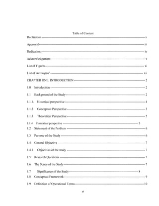 vi
Table of Content
Declaration ----------------------------------------------------------------------------------------------------ii
Approval------------------------------------------------------------------------------------------------------ iii
Dedication ---------------------------------------------------------------------------------------------------- iv
Acknowledgement ------------------------------------------------------------------------------------------- v
List of Figures------------------------------------------------------------------------------------------------ xi
List of Acronyms’ ------------------------------------------------------------------------------------------ xii
CHAPTER ONE: INTRODUCTION --------------------------------------------------------------------- 2
1.0 Introduction -------------------------------------------------------------------------------------------- 2
1.1 Background of the Study----------------------------------------------------------------------------- 2
1.1.1. Historical perspective------------------------------------------------------------------------------ 4
1.1.2 Conceptual Perspective---------------------------------------------------------------------------- 3
1.1.3 Theoretical Perspective---------------------------------------------------------------------------- 5
1.1.4 Contextual perspective -------------------------------------------------------------------------------------- 5
1.2 Statement of the Problem ---------------------------------------------------------------------------- 6
1.3 Purpose of the Study---------------------------------------------------------------------------------- 6
1.4 General Objective ------------------------------------------------------------------------------------- 7
1.4.1 Objectives of the study ---------------------------------------------------------------------------- 7
1.5 Research Questions ----------------------------------------------------------------------------------- 7
1.6 The Scope of the Study------------------------------------------------------------------------------- 7
1.7 Significance of the Study------------------------------------------------------------------- 8
1.8 Conceptual Framework------------------------------------------------------------------------------- 9
1.9 Definition of Operational Terms-------------------------------------------------------------------10
 