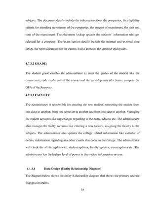 54
subjects. The placement details include the information about the companies, the eligibility
criteria for attending recruitment of the companies, the process of recruitment, the date and
time of the recruitment. The placement lockup updates the students’ information who got
selected for a company. The exam section details include the internal and external time
tables, the room allocation for the exams; it also contains the semester end results.
4.7.3.2 GRADE:
The student grade enables the administrator to enter the grades of the student like the
course unit; code credit unit of the course and the earned points of it hence compute the
GPA of the Semester.
4.7.3.3 FACULTY
The administrator is responsible for entering the new student, promoting the student from
one class to another, from one semester to another and from one year to another. Managing
the student accounts like any changes regarding to the name, address etc. The administrator
also manages the faulty accounts like entering a new faculty, assigning the faculty to the
subjects. The administrator also updates the college related information like calendar of
events, information regarding any other events that occur in the college. The administrator
will check the all the updates i.e. student updates, faculty updates, exam updates etc. The
administrator has the highest level of power in the student information system.
4.1.1.1 Data Design (Entity Relationship Diagram)
The diagram below shows the entity Relationship diagram that shows the primary and the
foreign constraints.
 