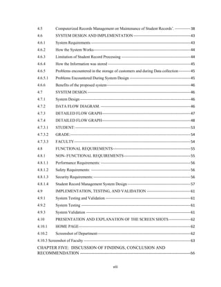 viii
4.5 Computerized Records Management on Maintenance of Student Records’. -------------38
4.6 SYSTEM DESIGN AND IMPLEMENTATION-----------------------------------------------43
4.6.1 System Requirements ----------------------------------------------------------------------------------43
4.6.2 How the System Works--------------------------------------------------------------------------------44
4.6.3 Limitation of Student Record Processing ---------------------------------------------------------44
4.6.4 How the Information was stored --------------------------------------------------------------------45
4.6.5 Problems encountered in the storage of customers and during Data collection----------45
4.6.5.1 Problems Encountered During System Design --------------------------------------------------45
4.6.6 Benefits of the proposed system---------------------------------------------------------------------46
4.7 SYSTEM DESIGN-------------------------------------------------------------------------------------46
4.7.1 System Design-------------------------------------------------------------------------------------------46
4.7.2 DATA FLOW DIAGRAM. --------------------------------------------------------------------------46
4.7.3 DETAILED FLOW GRAPH-------------------------------------------------------------------------47
4.7.4 DETAILED FLOW GRAPH-------------------------------------------------------------------------48
4.7.3.1 STUDENT:-----------------------------------------------------------------------------------------------53
4.7.3.2 GRADE:---------------------------------------------------------------------------------------------------54
4.7.3.3 FACULTY------------------------------------------------------------------------------------------------54
4.8 FUNCTIONAL REQUIREMENTS----------------------------------------------------------------55
4.8.1 NON- FUNCTIONAL REQUIREMENTS-------------------------------------------------------55
4.8.1.1 Performance Requirements: --------------------------------------------------------------------------56
4.8.1.2 Safety Requirements: ----------------------------------------------------------------------------------56
4.8.1.3 Security Requirements:--------------------------------------------------------------------------------56
4.8.1.4 Student Record Management System Design----------------------------------------------------57
4.9 IMPLEMENTATION, TESTING, AND VALIDATION ------------------------------------61
4.9.1 System Testing and Validation ----------------------------------------------------------------------61
4.9.2 System Testing ------------------------------------------------------------------------------------------61
4.9.3 System Validation --------------------------------------------------------------------------------------61
4.10 PRESENTATION AND EXPLANATION OF THE SCREEN SHOTS------------------62
4.10.1 HOME PAGE--------------------------------------------------------------------------------------------62
4.10.2 Screenshot of Department-----------------------------------------------------------------------------62
4.10.3 Screenshot of Faculty ----------------------------------------------------------------------------------------63
CHAPTER FIVE: DISCUSSION OF FINDINGS, CONCLUSION AND
RECOMMENDATION -----------------------------------------------------------------------------66
 