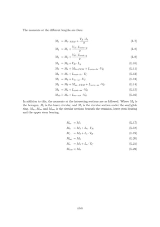 The moments at the diﬀerent lengths are then:
M1 = Mt−FEM +
VA · Lt
2
(L.7)
M2 = M1 +
VA · Lzero−g
2
(L.8)
M3 = M2 +
VB · Lrest−g
2
(L.9)
M4 = M3 + VB · Lg (L.10)
M5 = M4 + Mls−FEM + Lzero−ls · VB (L.11)
M6 = M5 + Lrest−ls · VC (L.12)
M7 = M6 + Lls−us · VC (L.13)
M8 = M7 + Mus−FEM + Lzero−us · VC (L.14)
M9 = M8 + Lrest−us · VD (L.15)
M10 = M9 + Lus−act · VD (L.16)
In addition to this, the moments at the interesting sections are as followed. Where Mh is
the hexagon, Mc is the lower circular, and Ms is the circular section under the seal/glide
ring. Mtc, Mlsc and Musc is the circular sections beneath the trunnion, lower stem bearing
and the upper stem bearing.
Mtc = M1 (L.17)
Mh = M3 + Lh · VB (L.18)
Mc = M3 + Lc · VB (L.19)
Mlsc = M5 (L.20)
Ms = M5 + Ls · VC (L.21)
Musc = M8 (L.22)
xlvii
 