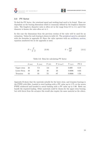 3.3 PV factor
To ﬁnd the PV factor, the rotational speed and working load need to be found. These are
dependent on the bearing dimensions which is commonly deﬁned by the length-to diameter
ratio. The length-to diameter ratio is often set in the range from 0.5 to 1.5, and if the
diameter is known the ratio often set to 1.
In this case the dimensions from the previous version of the valve will be used for an
estimation. Values for each bearing is shown in table 3.2. The peripheral speed is calculated
with the formulas in appendix D. Since the valve operates with an oscillatory motion,
equation numbered two in the appendix is used.
P =
F
L · d
(3.10) V =
dcθ
103
(3.11)
Table 3.2: Data for calculating PV factor
d [mm] L [mm] F [kN] P [N/mm2
] V [m/s] PV·2
Upper stem 46 7.8 3.6 10 0.009 0.18
Lower Stem 49 30 48 33 0.0096 0.63
Trunnion 44 19 73 87 0.0086 1.50
Appendix B shows that the materials suitable for the lower stem- and trunnion bearings is
the PTFE with ﬁller, bonded to steel backing with a PV value up to 1.75, or the woven
PTFE reinforced and bonded to metal backing with a PV value up to 1.60. Both can
handle the required loading. Other materials could be chosen for the upper stem bearing,
but with forces from the actuator this would also require the same material as the others.
18
 