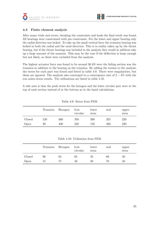 4.3 Finite element analysis
After many trials and errors, tweaking the constraints and loads the ﬁnal result was found.
All bearings were constrained with pin constraints. For the lower and upper bearing only
the radial direction was locked. To take up the small vertical force the trunnion bearing was
locked in both the radial and the axial direction. This is in reality taken up by the thrust
bearing, but if the thrust bearings was included in the analysis they would in addition take
up a large amount of the moment. This may be the case if the deﬂection is large enough
but not likely, so these were excluded from the analysis.
The highest actuator force was found to be around 30 kN were the failing section was the
trunnion in addition to the bearing on the trunnion. By adding the torsion to the analysis,
the stress for each part was found and listed in table 4.9. There were singularities, but
these are ignored. The analysis also converged to a convergence rate of 2 − 4% with the
von mises stress results. The utilizations are listed in table 4.10.
A side note is that the peak stress for the hexagon and the lower circular part were at the
top of each section instead of at the bottom as in the hand calculations.
Table 4.9: Stress from FEM
Trunnion Hexagon Low
circular
lower
stem
seal upper
stem
Closed 120 360 350 200 325 220
Open 20 400 220 150 400 230
Table 4.10: Utilization from FEM
Trunnion Hexagon Low
circular
lower
stem
seal upper
stem
Closed 90 65 65 35 60 40
Open 15 75 40 30 70 40
35
 