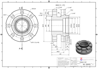 A-A ( 1 : 2 )
A
A
1
1
2
2
3
3
4
4
5
5
6
6
A A
B B
C C
D D
www.norskeventiler.no
Release Date
02.05.2016
Date
Helene F. S.
Design state
Originator
Weight
This document contains Norske Ventiler AS
proprietary and confidential information. It is loaned
for limited purposes only and remains the property
of Norske Ventiler AS. It may not be re-produced in
whole or part or disclosed to third parties without
the prior writen consent of Norske Ventiler AS. The
document is to be returned to Norske Ventiler AS
upon request and in all events upon completion of
the use for which it was loaned.
Date
N/A
02.05.2016
Material
Scale:
Helene F. S.
A479 UNS S31600
Date
02.05.2016
02.05.2016
TITEL
Valve Lid
1:2
V A L V E S OF NOR WA Y
NORSKEVENTILER AS
Checked by
H kon M.
Modified by
Helene
DOCUMENT NO.
NV 200010
Approved by
Unless otherwise specified:
Break sharp corners 0.2 Fillet radii 0.8
Surface Ra 1.6 Tolerances ISO 2768-f
Date
Size:
A3
REV.
2
25
5 12 (x 40)
96
97
126,2
127,66
136
150
57,532
275 7
45,1
82,5
106,5
97
5
7
12,1
17,1
24,2
149
28
32
3 X 45
R5
R1,2
R1,2
1 X 45
1 X 45
1 X 45114
215,9
 