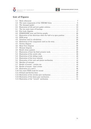 List of Figures
1.1 Mesh reﬁnement . . . . . . . . . . . . . . . . . . . . . . . . . . . . . . . . . 7
1.2 The main components of the TBV96S Valve. . . . . . . . . . . . . . . . . . 8
2.1 The damaged gasket . . . . . . . . . . . . . . . . . . . . . . . . . . . . . . . 10
2.2 Illustration of old and new gasket solution . . . . . . . . . . . . . . . . . . . 13
3.1 The two main types of bearings . . . . . . . . . . . . . . . . . . . . . . . . . 14
3.2 Free body diagram . . . . . . . . . . . . . . . . . . . . . . . . . . . . . . . . 17
3.3 FEROGLIDE wear and friction graphs . . . . . . . . . . . . . . . . . . . . . 20
4.1 Illustration of the directions when the ball is in open position . . . . . . . . 21
4.2 FEM setup . . . . . . . . . . . . . . . . . . . . . . . . . . . . . . . . . . . . 22
4.3 Notations used in calculations . . . . . . . . . . . . . . . . . . . . . . . . . . 23
4.4 Illustration of the components used on the stem . . . . . . . . . . . . . . . . 23
4.5 Torsion diagram . . . . . . . . . . . . . . . . . . . . . . . . . . . . . . . . . 28
4.6 Shear force diagram . . . . . . . . . . . . . . . . . . . . . . . . . . . . . . . 30
4.7 Moment diagram . . . . . . . . . . . . . . . . . . . . . . . . . . . . . . . . . 32
4.8 Result stress analysis . . . . . . . . . . . . . . . . . . . . . . . . . . . . . . . 37
5.1 Illustration of how the ﬂuid actuator work. . . . . . . . . . . . . . . . . . . 39
5.2 Illustration of the scotch yoke. . . . . . . . . . . . . . . . . . . . . . . . . . 40
5.3 Illustration of the sliding crank. . . . . . . . . . . . . . . . . . . . . . . . . . 40
5.4 Illustration of the lever solution. . . . . . . . . . . . . . . . . . . . . . . . . 41
5.5 Illustration of the rack and pinion mechanism. . . . . . . . . . . . . . . . . 41
5.6 Sketches of concepts . . . . . . . . . . . . . . . . . . . . . . . . . . . . . . . 43
5.7 Render of mount - version one . . . . . . . . . . . . . . . . . . . . . . . . . . 44
5.8 Render of mount - ﬁnal version . . . . . . . . . . . . . . . . . . . . . . . . . 45
5.9 Illustration of a and b . . . . . . . . . . . . . . . . . . . . . . . . . . . . . . 46
5.10 Von mises FEM result for mount . . . . . . . . . . . . . . . . . . . . . . . . 47
5.11 Preload and friction force . . . . . . . . . . . . . . . . . . . . . . . . . . . . 49
5.12 Illustration of the circular gear mechanism . . . . . . . . . . . . . . . . . . . 50
5.13 Illustration of the linear gear mechanism . . . . . . . . . . . . . . . . . . . . 51
5.14 Illustration of the ”wrench” mechanism . . . . . . . . . . . . . . . . . . . . 51
iv
 
