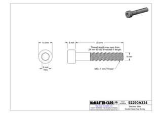 NUMBER
PART
Information in this drawing is provided for reference only.
http://www.mcmaster.com
10 mm
5 mm
Hex
6 mm
6 mm 35 mm
Thread length may vary from
24 mm to fully threaded in length.
M6 x 1 mm Thread
92290A334
Stainless Steel
Socket Head Cap Screw
© 2014 McMaster-Carr Supply Company
 