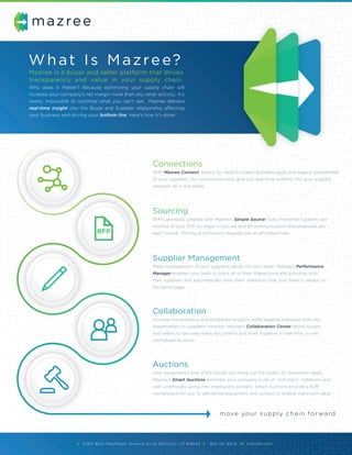 With Mazree Connect, there’s no need to collect business cards and keep a spreadsheet
of your suppliers. Our connection tools give you real-time visibility into your supplier
network; all in one place.
Connections
RFP’s are easily created with Mazree’s Simple Source tools. Preferred suppliers are
notiﬁed of your RFP on major initiatives and all communication and proposals are
kept “onsite”. Pricing and Product requests are an effortless task.
Sourcing
Make management of your suppliers better for your team. Mazree’s Performance
Manager enables your team to track all of their interactions and activities with
their suppliers and automatically have them shared so that your team is always on
the same page.
Supplier Management
Increase transparency and accelerate projects while keeping everyone from key
stakeholders to suppliers involved. Mazree’s Collaboration Center allows buyers
and sellers to securely share documents and work together in real-time, in one
centralized location.
Collaboration
Your equipment’s end of life should not bring out the sharks for backroom deals.
Mazree’s Smart Auctions eliminate your company’s risk of “kick-back” violations and
cash unethically going into employee’s pockets. Smart Auctions provide a B2B
marketplace for you to sell retired equipment and surplus to receive maximum value.
Auctions
move your supply chain forward
A 3369 West May ﬂower Avenue Suite 20 0 Lehi, UT 8 4043 P 8 01 . 33 1 . 8 6 1 0 W mazree.com
What Is Mazree?
Mazree is a buyer and seller platform that drives
transparency and value in your supply chain.
Why does it Matter? Because optimizing your supply chain will
increase your company’s net margin more than any other activity. It’s
nearly impossible to optimize what you can’t see. Mazree delivers
real-time insight into the Buyer and Supplier relationship affecting
your business and driving your bottom line. Here's how it's done:
 