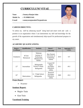 CURRICULUM VITAE
Name : Soumya Ranjan Sahu
Mobile No : +91 8908111441
E-mail : soumyaranjansahu23@gmail.com
CAREER OBJECTIVE:
To utilize my skill by enhancing myself doing hard and smart work and seek a
position in an organization where I can demonstrate my skill and knowledge for the
growth of the organization and simultaneously help myself for professional progress in
my career.
ACADEMIC QUALIFICATIONS:
Degree /
Certificate
Qualification Institute Board /
University
Year Aggregate % /
CGPA
Graduation
B.Tech
Mechanical
Maharaja
Institute of
Technology,
Bhubaneswar,
Odisha.
Biju Pattnaik
University of
Technology,
Odisha
2015 8.9
12th
Intermediate
Bellaguntaha
Science College,
Bellaguntha
Council Of
Higher
Secondary
Education,
odisha
2011 49.5
10th
Matriculation
G . T High School,
Bellaguntha
Board Of
Secondary
Education,
odisha
2009 45.0
Project Report:
• 3D printer
Seminar Report:
• Maglev Train
• Gear Train
Vacational Training
 