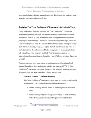 Trust Measures and Indicators for Customers and Investors
Part II: Measuring Trust Indicators for Investors
 Copyright 2007 All Rights Reserved
Page 15 of 69
represents indicators for fast, transactional trust. The bottom row indicates trust
remedies when trust is lost or deficient.
Applying The Trust Enablement®
Framework to Indicate Trust
Going back to our “dot-com” example, the Trust Enablement®
Framework
provides insights into why high levels of investor trust, based on Factual and
Interpretive Sources of Trust, evaporated at the first signs of fellow investors
jumping off the bandwagon. There was virtually nothing on the right side of the
Framework to protect from this erosion of trust; there were no earnings to justify
share prices. Similarly, today, U.S. capital markets are skittish in the wake of a
market correction down from record highs, precipitated by massive defaults on
sub-prime loans. Can investors trust today’s price/earnings ratios to be
appropriate and sustainable, even though they are 35% lower now than they were
in 2000?
This time, earnings have been strong, at least in a couple of broadly defined
sectors (financial services, and energy, utilities and materials) [xviii
]. A Trust
Enablement®
assessment can reveal the factors that influence how analysts make
their projections and what conditions validate investor trust.
Assessing Investor Trust in the Economy
The Trust Enablement®
Framework can be used to examine conditions for
investor trust. For example (for illustrative purposes only):
 market volatility (factual source of trust) suggests an erosion of
trust;
 tentative analysts reports (interpretive sources of trust) contribute
to the distrust; extraordinary and disproportionate historical
 