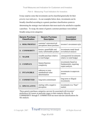 Trust Measures and Indicators for Customers and Investors
Part II: Measuring Trust Indicators for Investors
 Copyright 2007 All Rights Reserved
Page 36 of 69
It may surprise some that investments can be classified generically for their
priority trust indicators. As our examples below show, investments can be
broadly classified according to a generic purchase classification system to
determining the strategic trust indicators that most need to be satisfied to expedite
a purchase. To recap, the nature of generic customer purchases were defined
broadly using seven categories:
Generic Purchase
Classification
Generic Purchase
Description
Investment
Description
A. RISK PROFILE
customer’s preconceived
perceptions about purchase
investor’s investment style
B. COMMODITY
known, quantifiable and
easily substitutable product
investments made based
on technical analysis
C. MAJOR
sizeable purchase relative
to total budget
consequential investments
relative to total budget
D. COMPLEX
feature/function
complexity
investments based on
fundamentals, requiring
expert analysis
E. INTANGIBLE
unknown or non-
standardized value
determination
investments in unproven
issuers
F. COMMITTED long-term commitment
long-term or illiquid
investments
G. SPECULATIVE
starting with a negative
perception
investments in a “bear”
market
These generic purchases categories can now be associated with investors’
preferences for issuers at particular stages in their maturity lifecycle. B.
COMMODITY through F. COMMITTED are most relevant classifications for
this analysis.
 