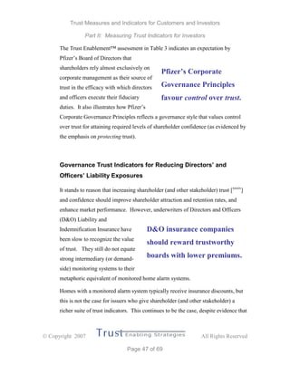 Trust Measures and Indicators for Customers and Investors
Part II: Measuring Trust Indicators for Investors
 Copyright 2007 All Rights Reserved
Page 47 of 69
The Trust Enablement™ assessment in Table 3 indicates an expectation by
Pfizer’s Board of Directors that
shareholders rely almost exclusively on
corporate management as their source of
trust in the efficacy with which directors
and officers execute their fiduciary
duties. It also illustrates how Pfizer’s
Corporate Governance Principles reflects a governance style that values control
over trust for attaining required levels of shareholder confidence (as evidenced by
the emphasis on protecting trust).
Governance Trust Indicators for Reducing Directors’ and
Officers’ Liability Exposures
It stands to reason that increasing shareholder (and other stakeholder) trust [xxxiv
]
and confidence should improve shareholder attraction and retention rates, and
enhance market performance. However, underwriters of Directors and Officers
(D&O) Liability and
Indemnification Insurance have
been slow to recognize the value
of trust. They still do not equate
strong intermediary (or demand-
side) monitoring systems to their
metaphoric equivalent of monitored home alarm systems.
Homes with a monitored alarm system typically receive insurance discounts, but
this is not the case for issuers who give shareholder (and other stakeholder) a
richer suite of trust indicators. This continues to be the case, despite evidence that
Pfizer’s Corporate
Governance Principles
favour control over trust.
D&O insurance companies
should reward trustworthy
boards with lower premiums.
 
