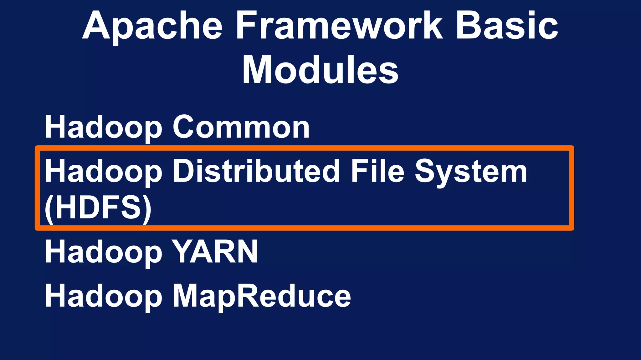 Apache Framework Basic
Modules
Hadoop Common
Hadoop Distributed File System
(HDFS)
Hadoop YARN
Hadoop MapReduce
 