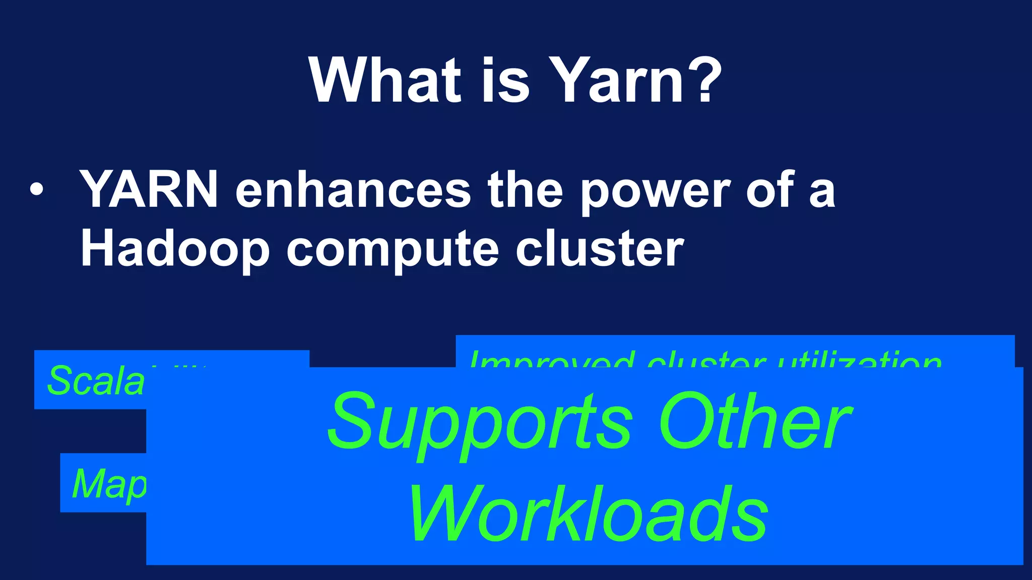 What is Yarn?
• YARN enhances the power of a
Hadoop compute cluster
Scalability
MapReduce Compatibility
Improved cluster utilization
Supports Other
Workloads
 