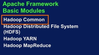 Apache Framework
Basic Modules
Hadoop Common
Hadoop Distributed File System
(HDFS)
Hadoop YARN
Hadoop MapReduce
 