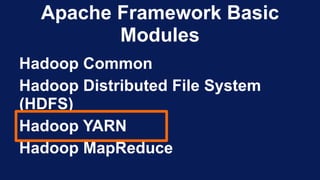 Apache Framework Basic
Modules
Hadoop Common
Hadoop Distributed File System
(HDFS)
Hadoop YARN
Hadoop MapReduce
 