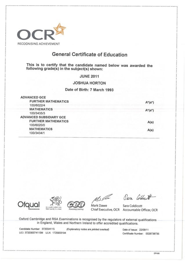 A Level Certificates