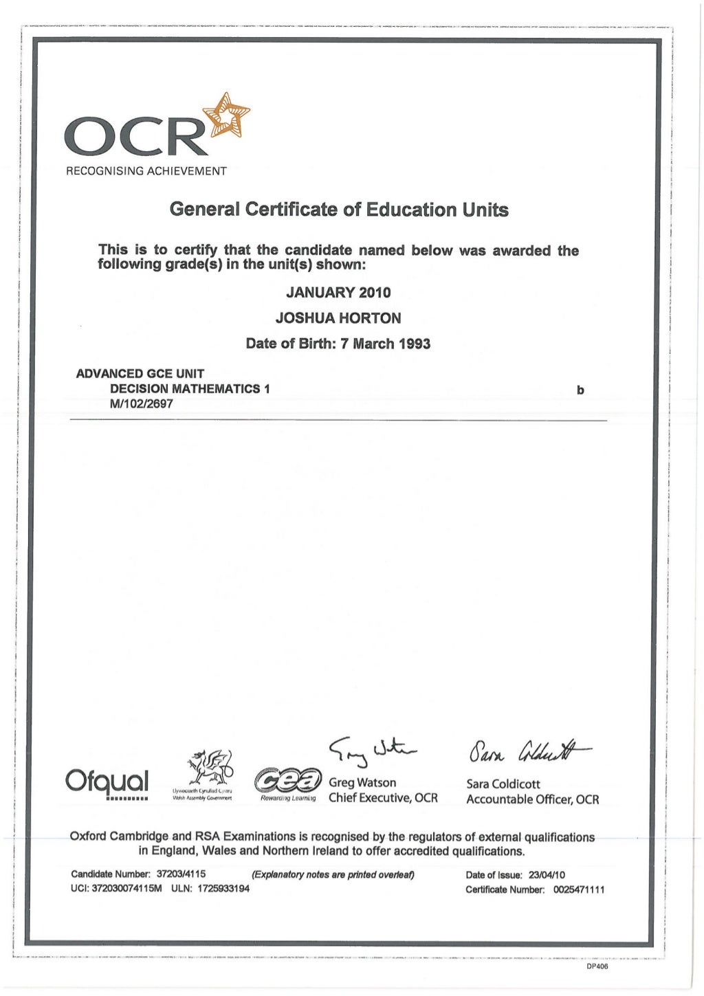 A Level Certificates