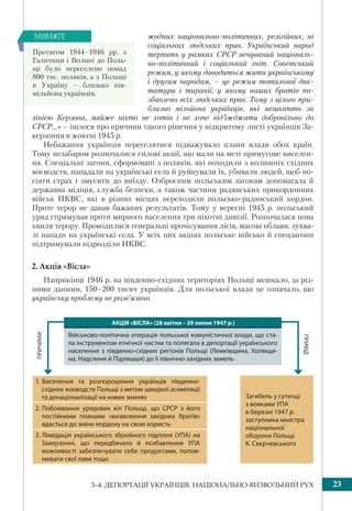 233–4. ДЕПОРТАЦІЇ УКРАЇНЦІВ. НАЦІОНАЛЬНО-ВИЗВОЛЬНИЙ РУХ
жодних національно-політичних, релігійних, ні
соціальних людських прав. Український народ
терпить у рамках СРСР нечуваний національ-
но-політичний і соціальний гніт. Совєтський
режим, у якому доводиться жити українському
і другим народам, – це режим тотальної дик-
татури і тиранії, у якому наших братів по-
збавлено всіх людських прав. Тому з цілого при-
близно мільйона українців, які мешкають за
лінією Керзона, майже ніхто не хотів і не хоче від’їжджати добровільно до
СРСР...» – ішлося про причини такого рішення у відкритому листі українців За-
керзоння в жовтні 1945 р.
Небажання українців переселятися підважувало плани влади обох країн.
Тому незабаром розпочалися силові акції, що мали на меті примусове виселен-
ня. Спеціальні загони, сформовані з поляків, які походили з колишніх східних
воєводств, нападали на українські села й руйнували їх, убивали людей, щоб по-
сіяти страх і змусити до виїзду. Озброєним польським загонам допомагала й
державна міліція, служба безпеки, а також частини радянських прикордонних
військ НКВС, які в різних місцях переходили польсько-радянський кордон.
Проте терор не давав бажаних результатів. Тому у вересні 1945 р. польський
уряд спрямував проти мирного населення три піхотні дивізії. Розпочалася нова
хвиля терору. Проводилися генеральні прочісування лісів, масові облави, зухва-
лі напади на українські села. У всіх цих акціях польське військо й спецзагони
підтримували підрозділи НКВС.
2. Акція «Вісла»
Наприкінці 1946 р. на південно-східних територіях Польщі мешкало, за різ-
ними даними, 150–200 тисяч українців. Для польської влади це означало, що
українську проблему не розв’язано.
Протягом 1944–1946 рр. з
Галичини і Волині до Поль-
щі було переселено понад
800 тис. поляків, а з Польщі
в Україну – близько пів-
мільйона українців.
ÇÀÓÂÀÆÒÅ
1. Виселення та розпорошення українців південно-
східних воєводств Польщі з метою швидкої асиміляції
та денаціоналізації на нових землях
2. Побоювання урядових кіл Польщі, що СРСР з його
постійними планами «визволення західних братів»
вдасться до зміни кордону на свою користь
3. Ліквідація українського збройного підпілля (УПА) на
Закерзонні, що передбачало й позбавлення УПА
можливості забезпечувати себе продуктами, попов-
нювати свої лави тощо
ПРИВІД
ПРИЧИНИ
Загибель у сутичці
з вояками УПА
в березні 1947 р.
заступника міністра
національної
оборони Польщі
К. Свєрчевського
АКЦІЯ «ВІСЛА» (28 квітня – 29 липня 1947 р.)
Військово-політична операція польської комуністичної влади, що ста-
ла інструментом етнічної чистки та полягала в депортації українського
населення з південно-східних регіонів Польщі (Лемківщина, Холмщи-
на, Надсяння й Підляшшя) до її північно-західних земель
 