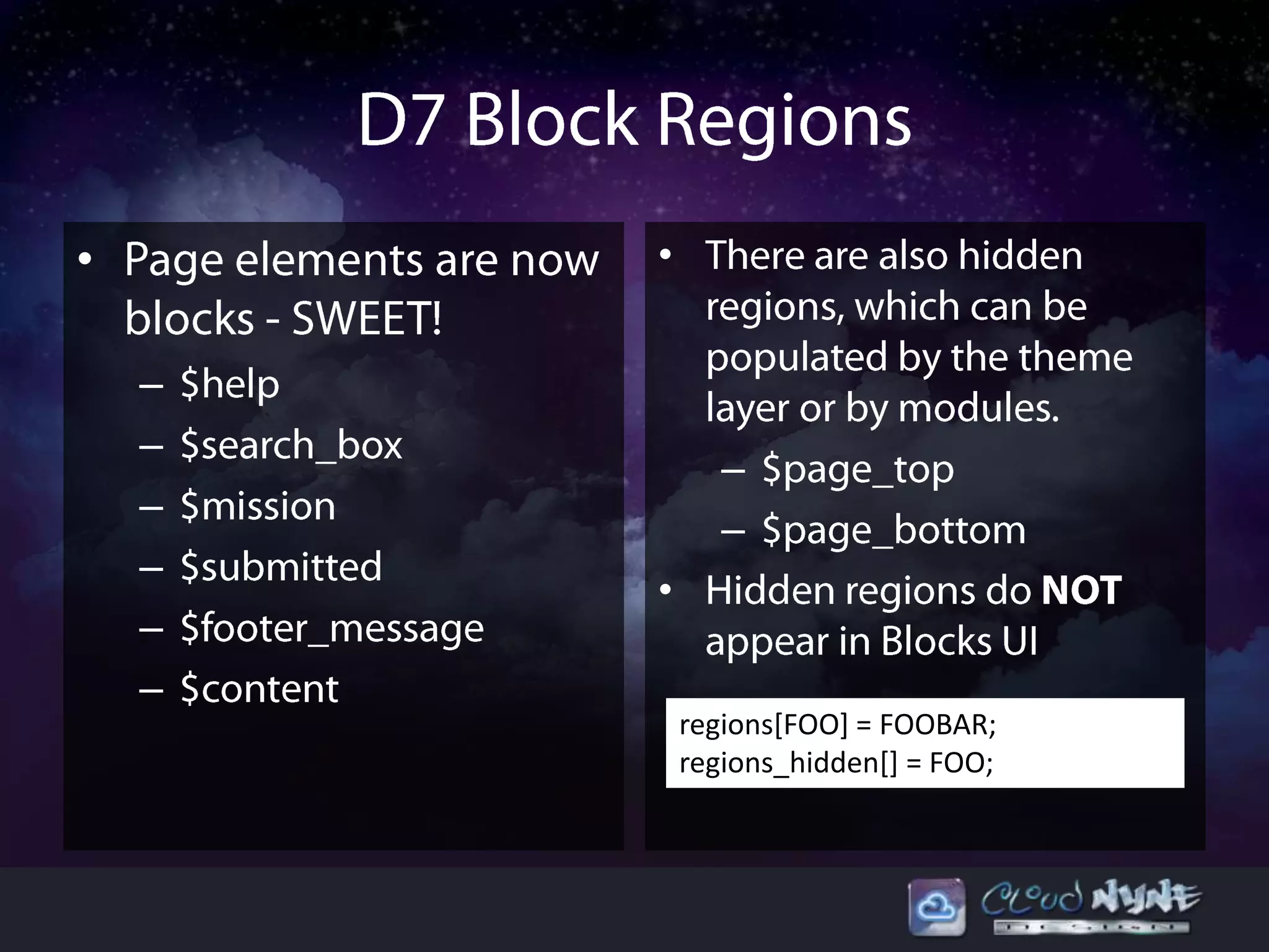 •       •


    –
    –
               –
    –
               –
    –
        •
    –
    –
            regions[FOO] = FOOBAR;
            regions_hidden[] = FOO;
 