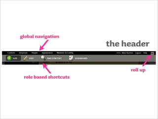 global navigation
                        the header

                             roll up
 role based shortcuts
 