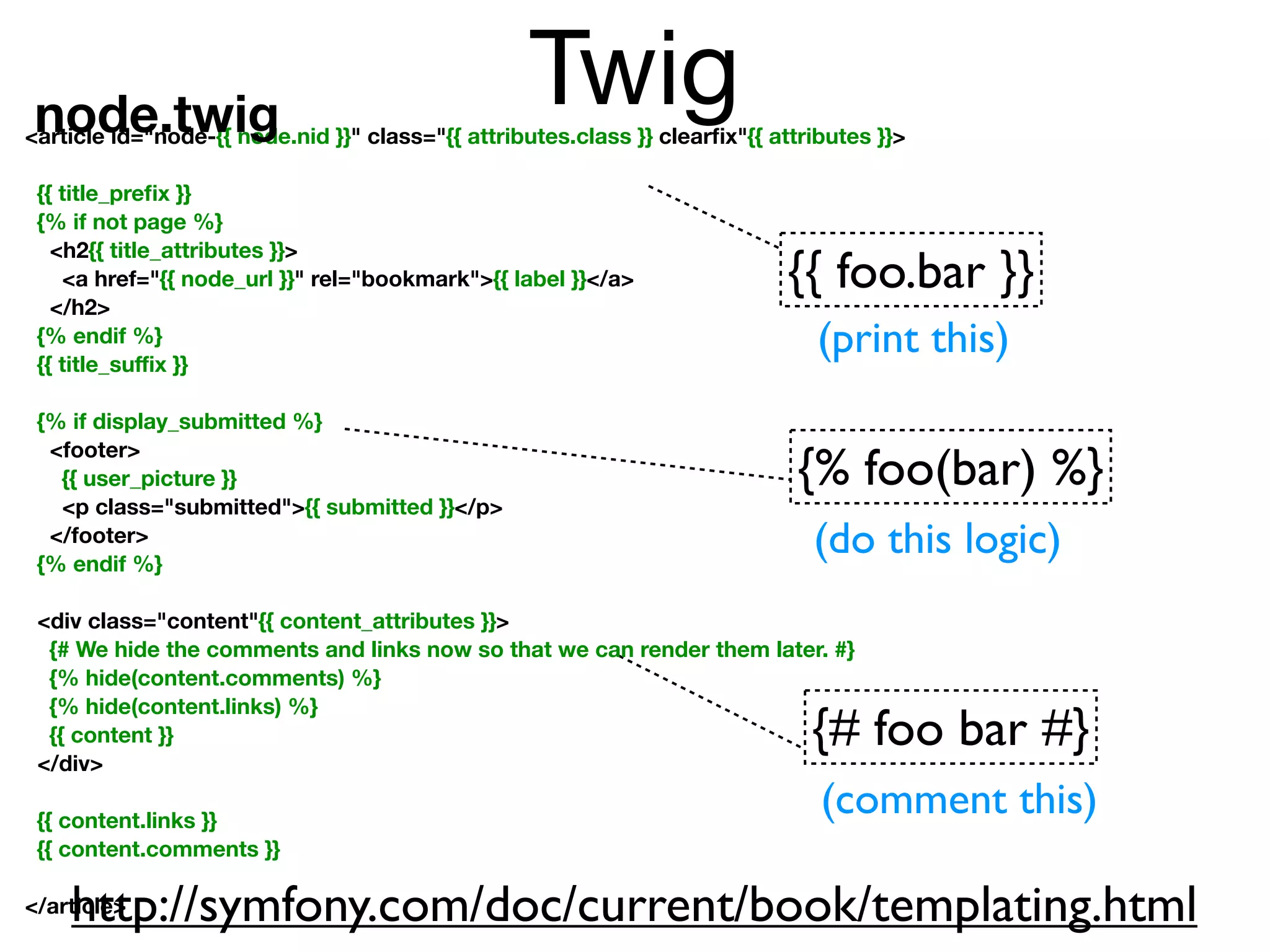 node.twig
                                                   Twig
<article id="node-{{ node.nid }}" class="{{ attributes.class }} clearﬁx"{{ attributes }}>

 {{ title_preﬁx }}
 {% if not page %}
   <h2{{ title_attributes }}>
    <a href="{{ node_url }}" rel="bookmark">{{ label }}</a>                  {{ foo.bar }}
   </h2>
 {% endif %}
 {{ title_suﬃx }}
                                                                                (print this)
 {% if display_submitted %}
  <footer>
   {{ user_picture }}                                                         {% foo(bar) %}
   <p class="submitted">{{ submitted }}</p>
  </footer>
 {% endif %}
                                                                               (do this logic)
 <div class="content"{{ content_attributes }}>
  {# We hide the comments and links now so that we can render them later. #}
  {% hide(content.comments) %}
  {% hide(content.links) %}
  {{ content }}                                                                {# foo bar #}
 </div>

 {{ content.links }}
                                                                                (comment this)
 {{ content.comments }}

    http://symfony.com/doc/current/book/templating.html
</article>
 