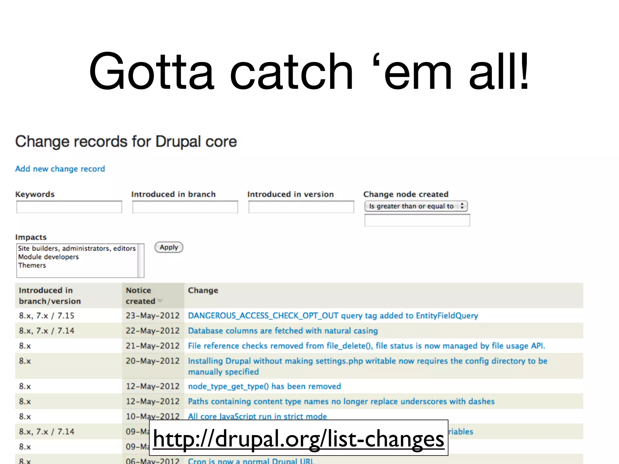 Gotta catch ‘em all!




  http://drupal.org/list-changes
 