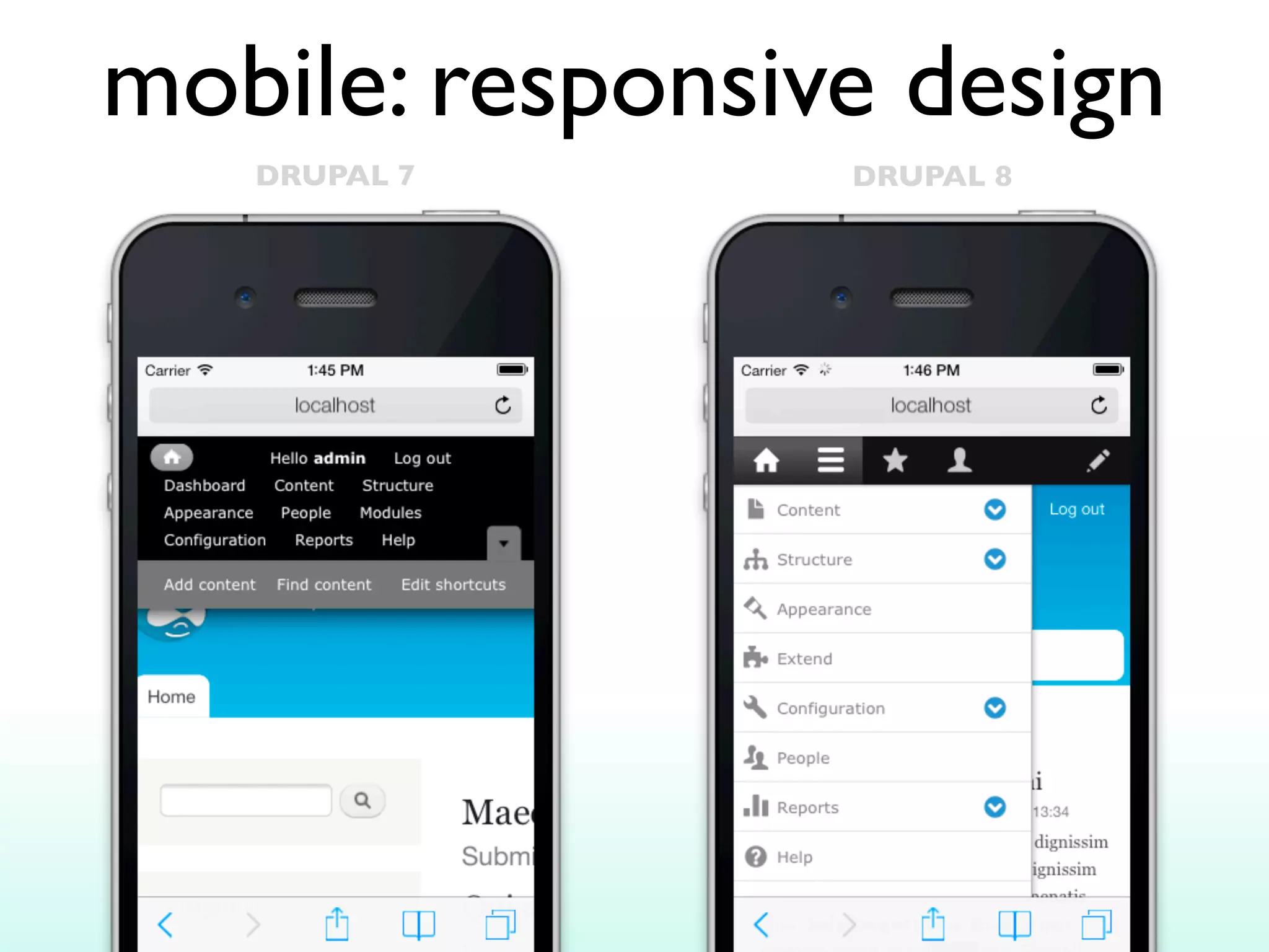 mobile: responsive design
DRUPAL 7

DRUPAL 8

 