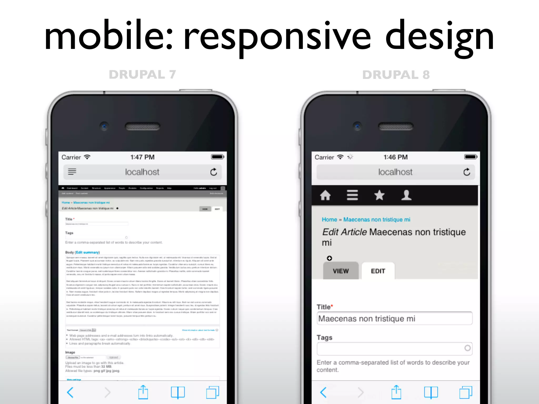 mobile: responsive design
DRUPAL 7

DRUPAL 8

 