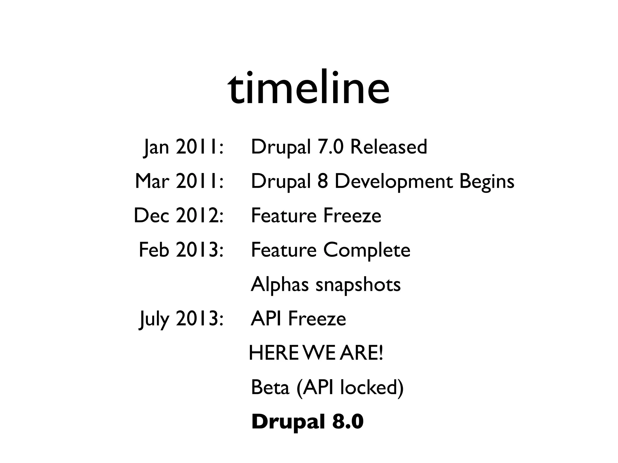 timeline
Jan 2011:

Drupal 7.0 Released

Mar 2011:

Drupal 8 Development Begins

Dec 2012:

Feature Freeze

Feb 2013:

Feature Complete
Alphas snapshots

July 2013:

API Freeze
HERE WE ARE!
Beta (API locked)
Drupal 8.0

 