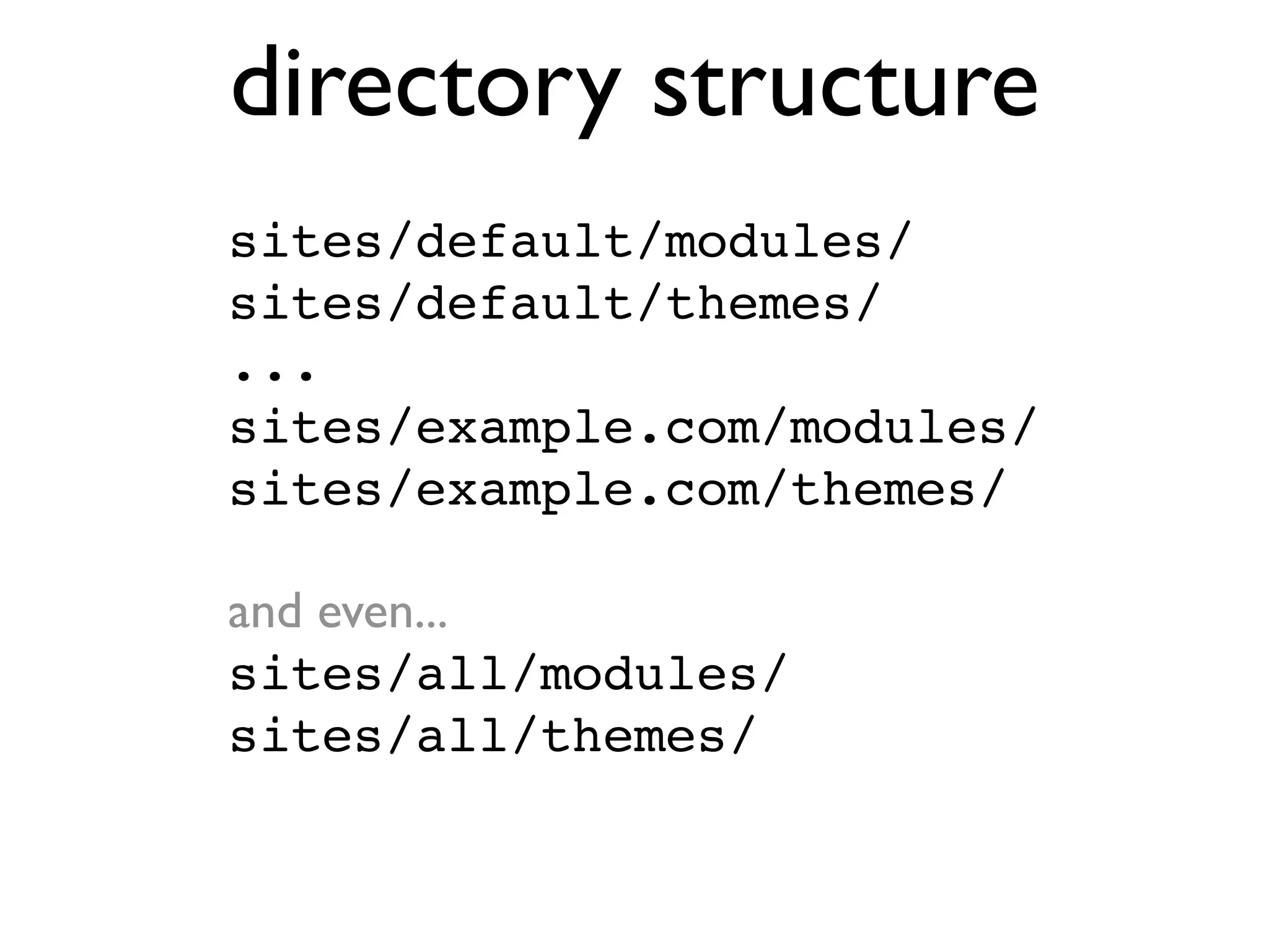 directory structure
sites/default/modules/
sites/default/themes/
...
sites/example.com/modules/
sites/example.com/themes/
and even...
sites/all/modules/
sites/all/themes/

 