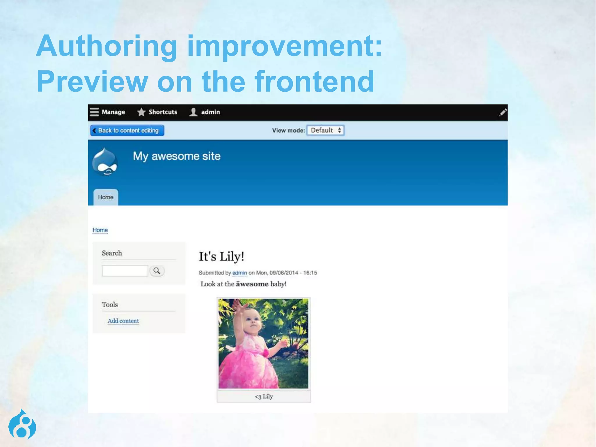 Authoring improvement:
Preview on the frontend
 