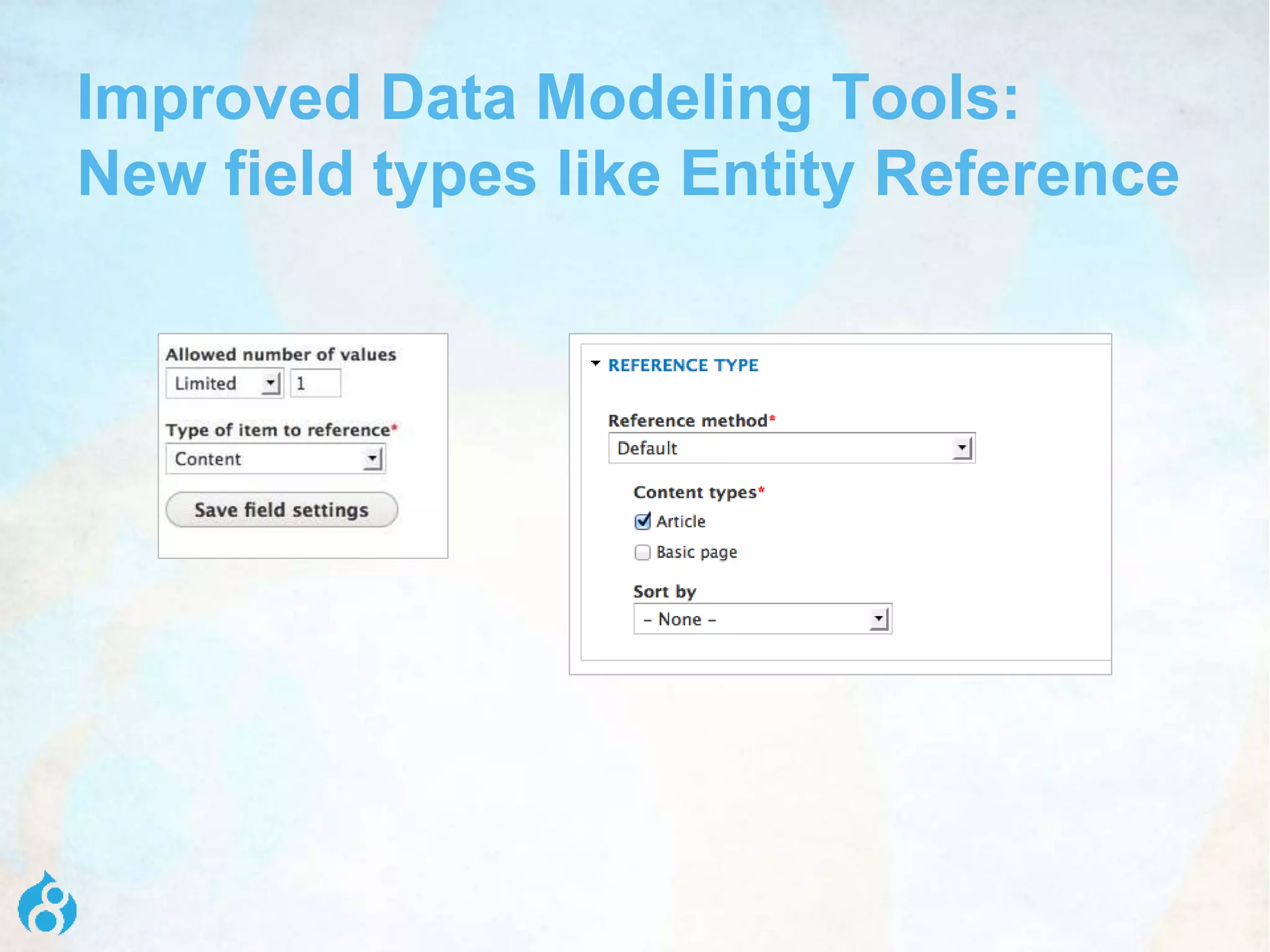 Improved Data Modeling Tools:
New field types like Entity Reference
 