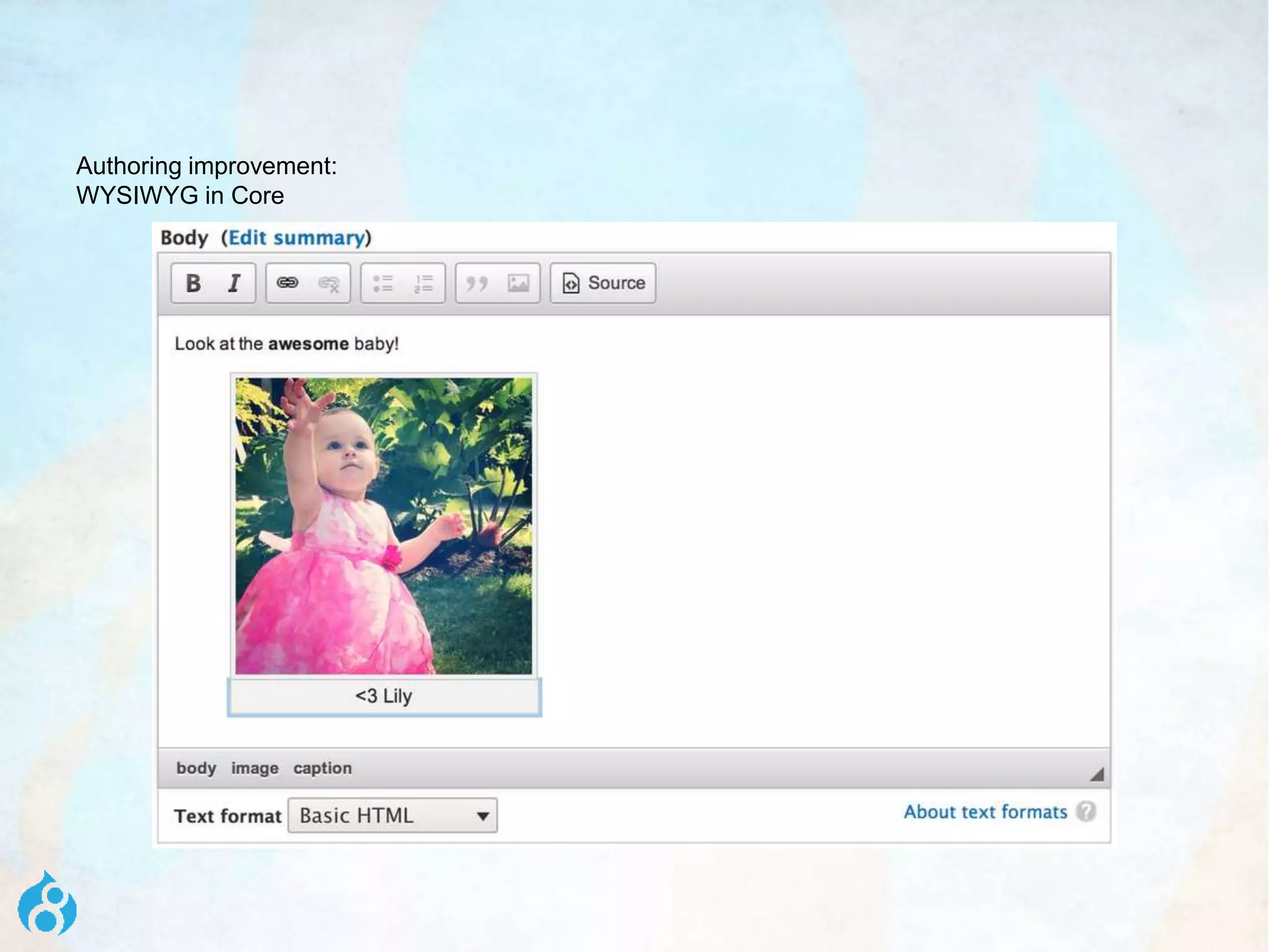 Authoring improvement:
WYSIWYG in Core
 