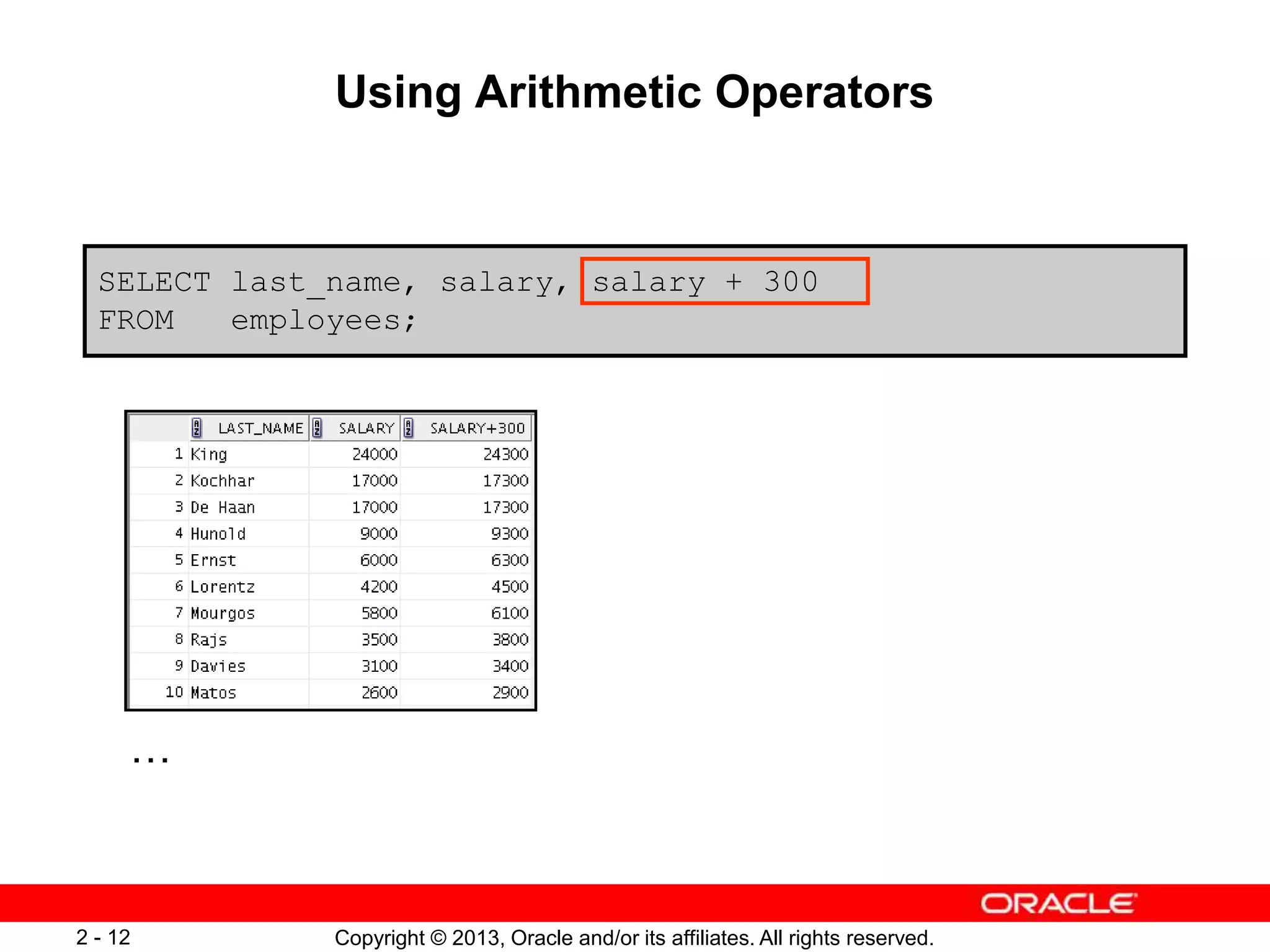 Copyright © 2013, Oracle and/or its affiliates. All rights reserved.2 - 12
SELECT last_name, salary, salary + 300
FROM employees;
Using Arithmetic Operators
…
 