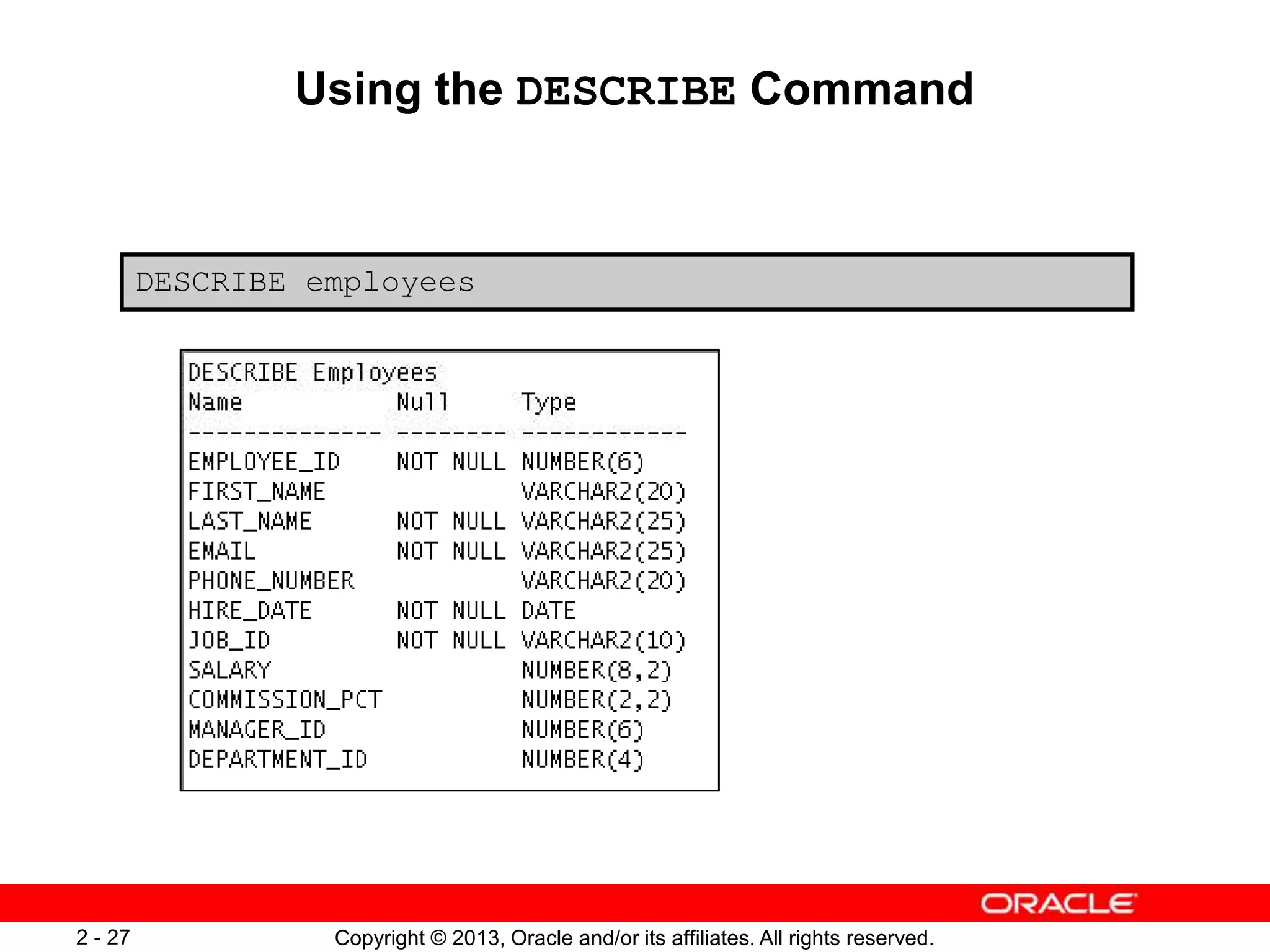 Copyright © 2013, Oracle and/or its affiliates. All rights reserved.2 - 27
Using the DESCRIBE Command
DESCRIBE employees
 