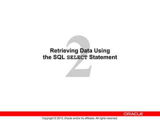 Copyright © 2013, Oracle and/or its affiliates. All rights reserved.
Retrieving Data Using
the SQL SELECT Statement
 