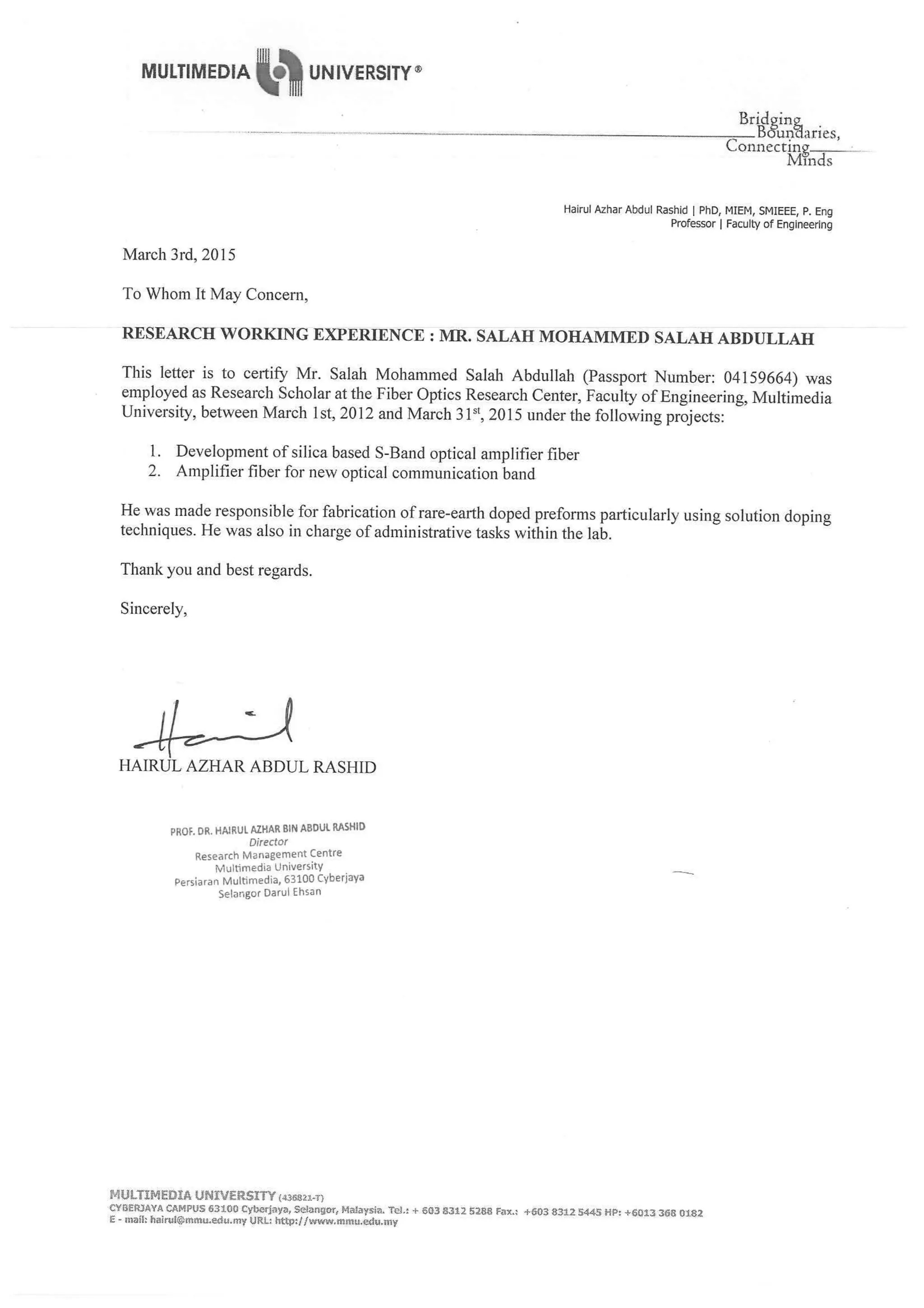 Salah's research experience certificate | PDF