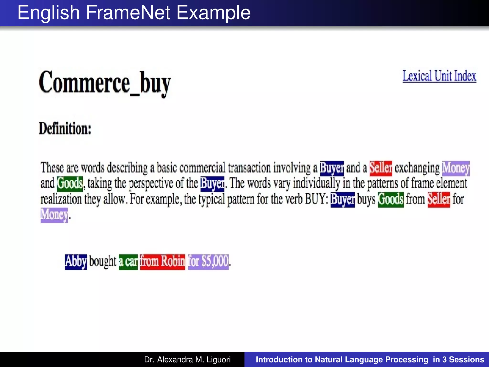 English FrameNet Example
Dr. Alexandra M. Liguori Introduction to Natural Language Processing in 3 Sessions
 