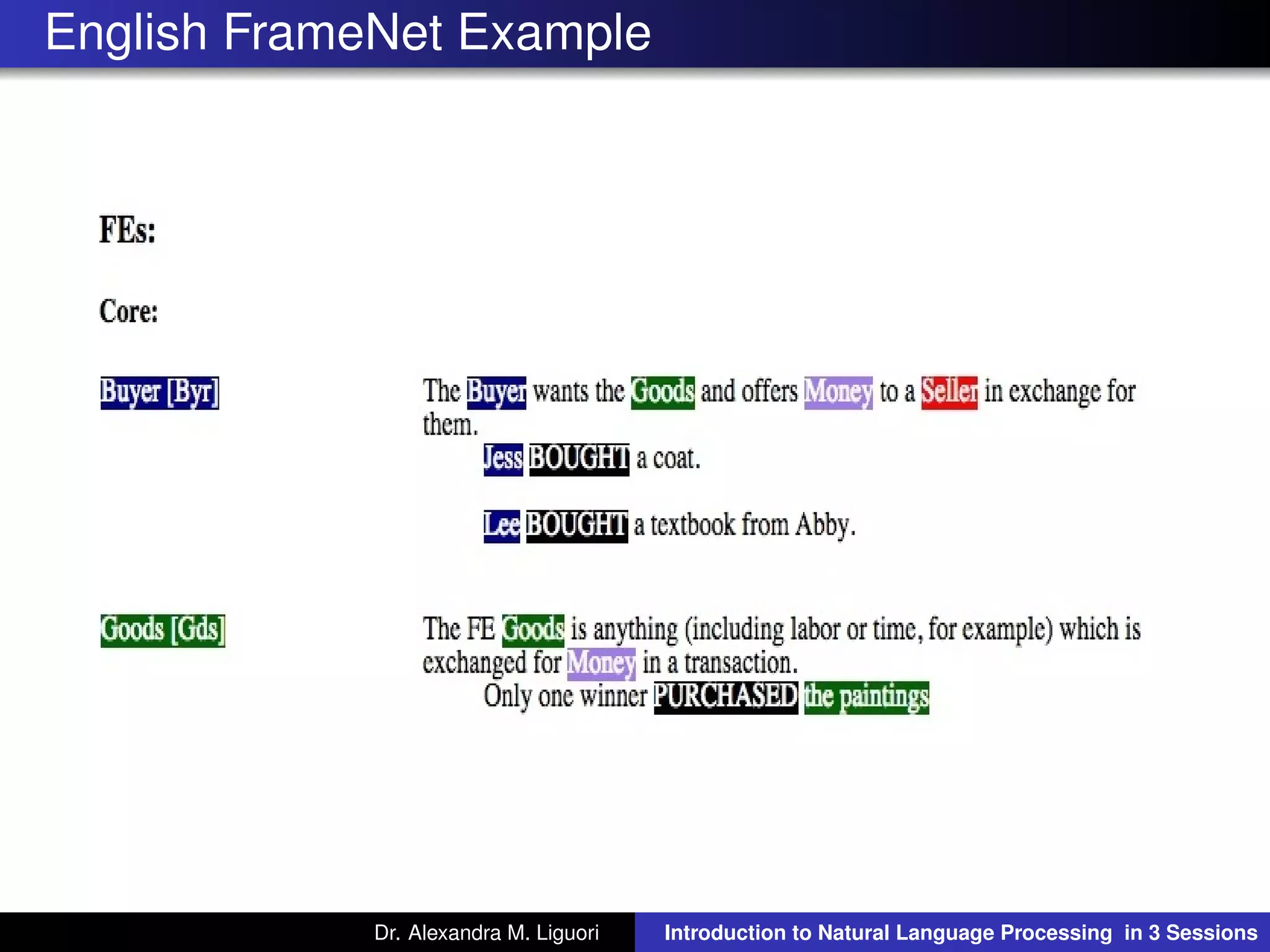 English FrameNet Example
Dr. Alexandra M. Liguori Introduction to Natural Language Processing in 3 Sessions
 