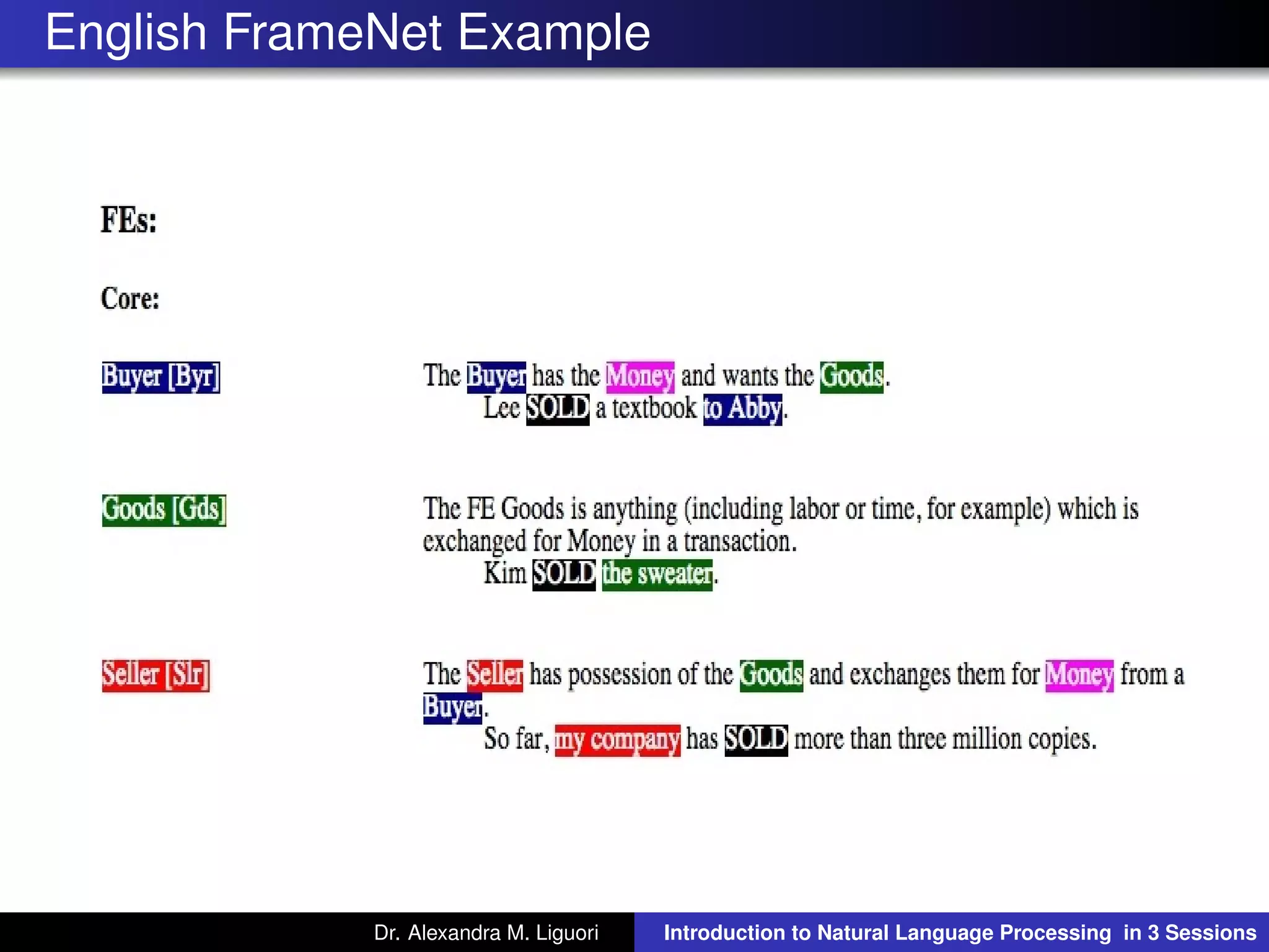 English FrameNet Example
Dr. Alexandra M. Liguori Introduction to Natural Language Processing in 3 Sessions
 