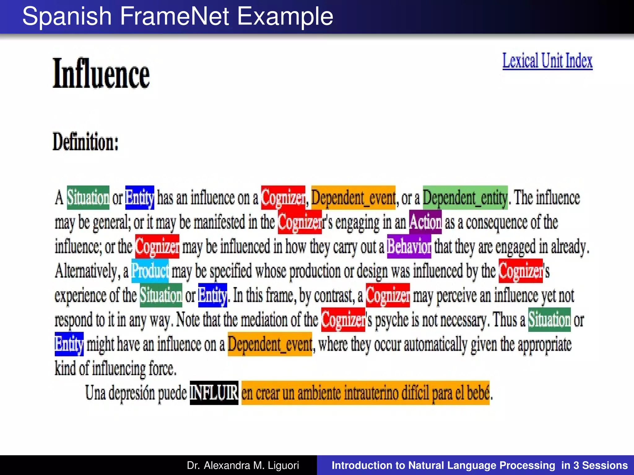 Spanish FrameNet Example
Dr. Alexandra M. Liguori Introduction to Natural Language Processing in 3 Sessions
 
