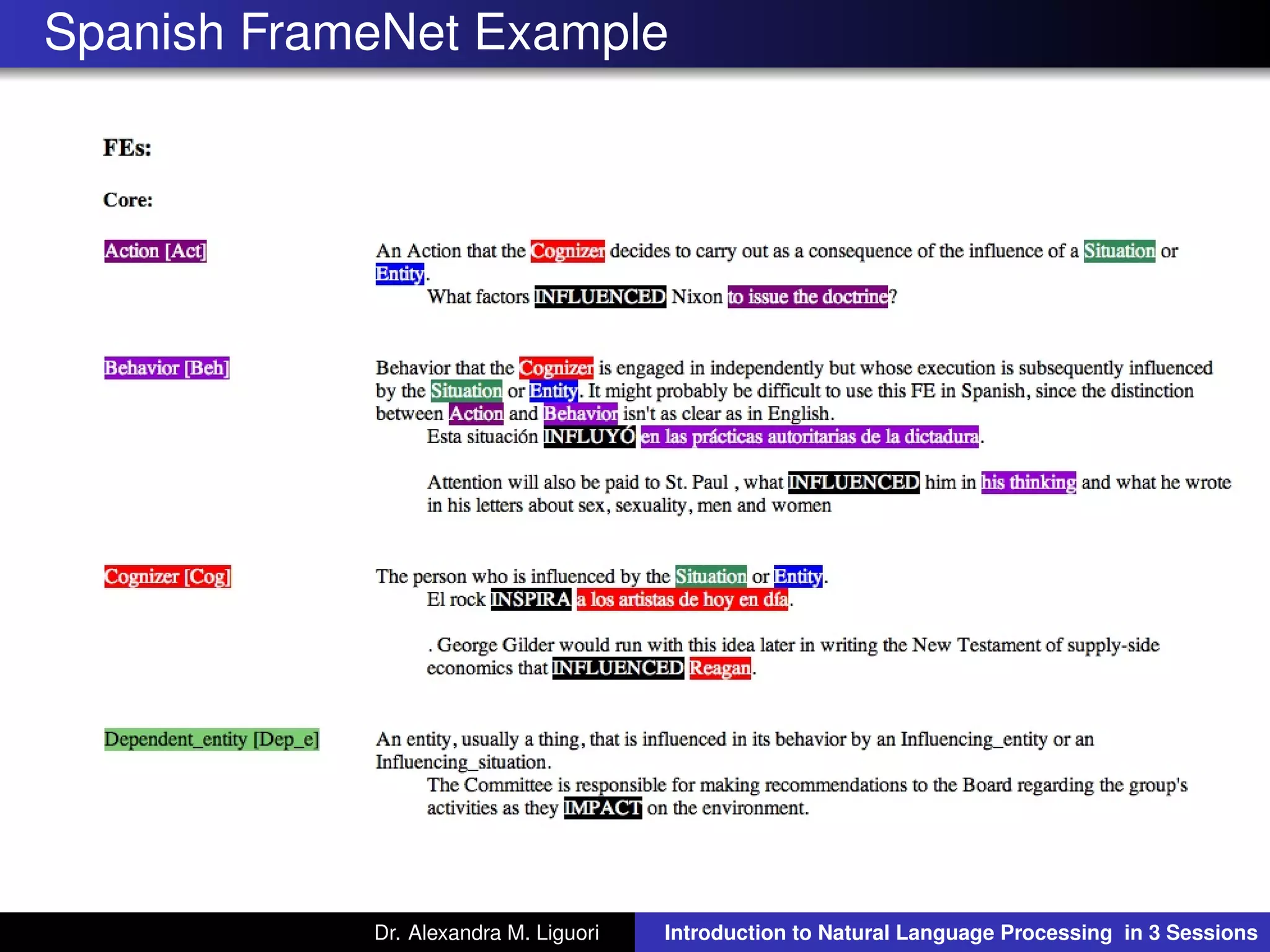Spanish FrameNet Example
Dr. Alexandra M. Liguori Introduction to Natural Language Processing in 3 Sessions
 
