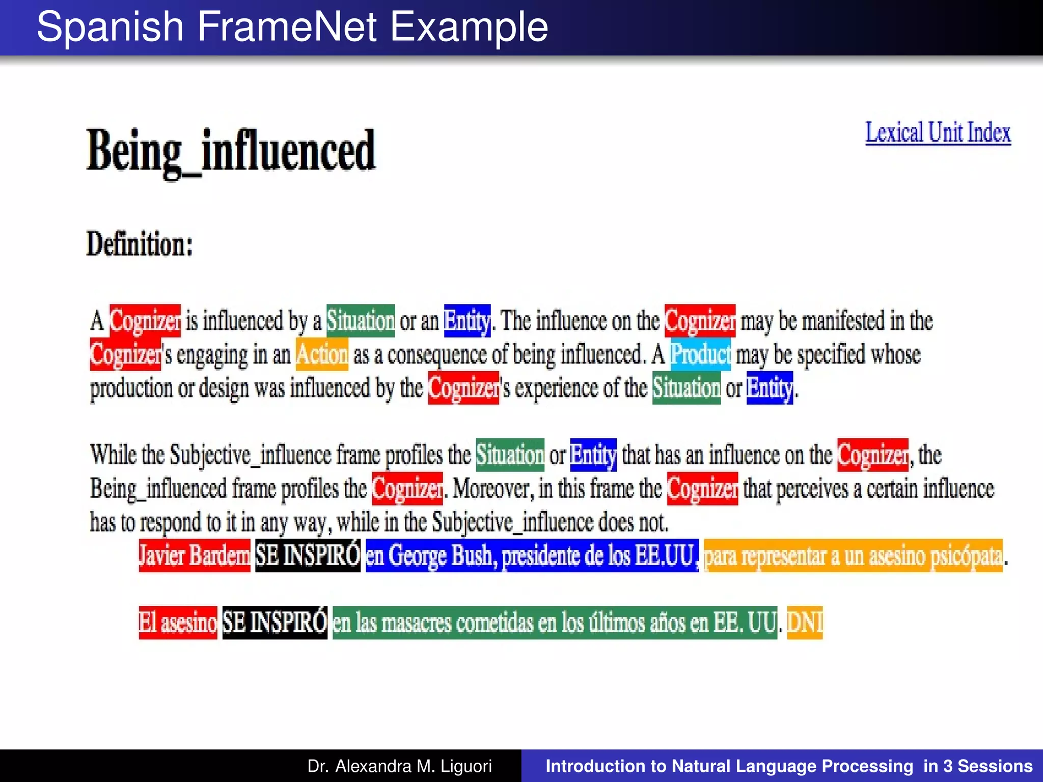 Spanish FrameNet Example
Dr. Alexandra M. Liguori Introduction to Natural Language Processing in 3 Sessions
 